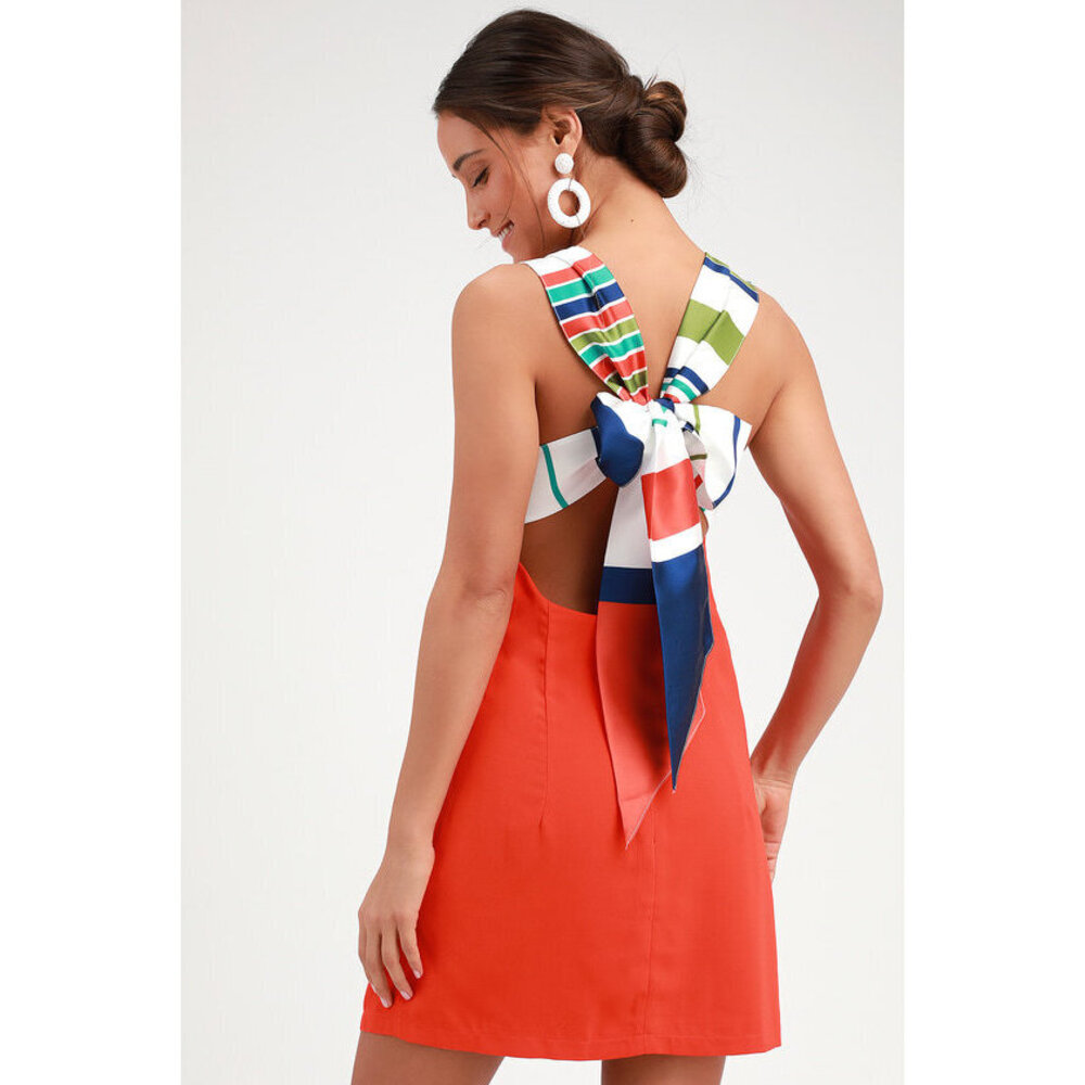 Lulus Joyful Red Orange Multi Stripe Tie-back Mini Dress - Size M